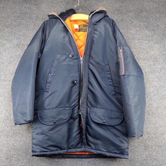 Weather Caster Mens Parka Jacket Blue Small Long Sleeve Quilted Lined Vegan Fur - Picture 2 of 12